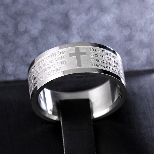 Bible Scripture Titanium Ring, modern style band with engraved scripture and cross, for men and women.
