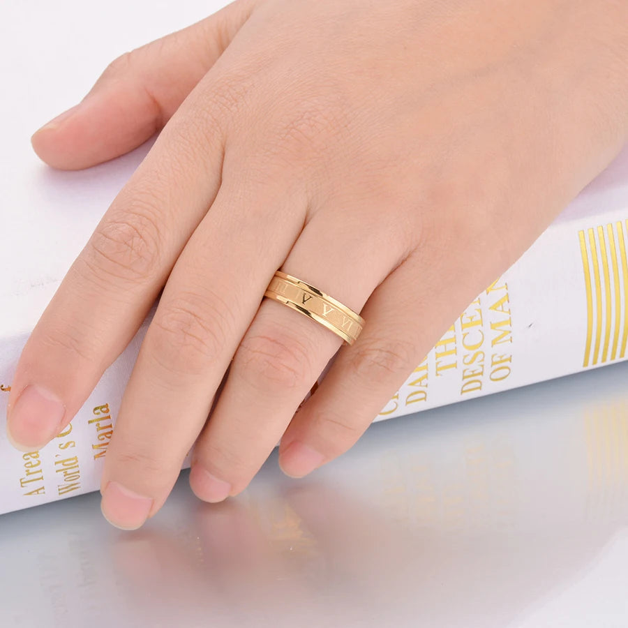Stainless Steel Numeral Rings worn on a hand, showcasing the modern unisex fashion band design.