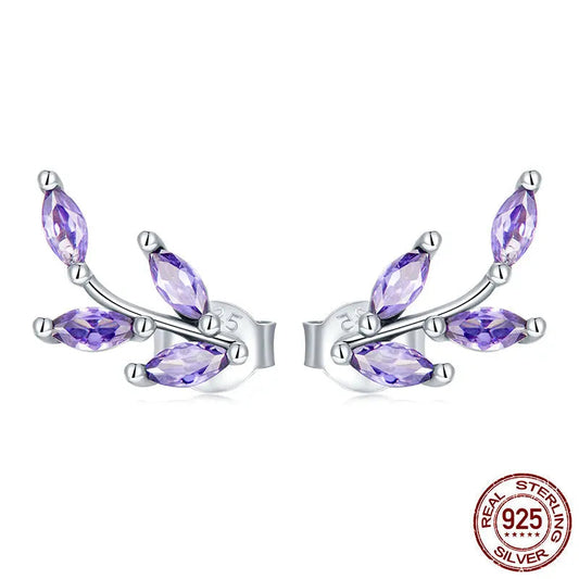 Genuine 925 Sterling Silver Purple Branch Stud Earrings