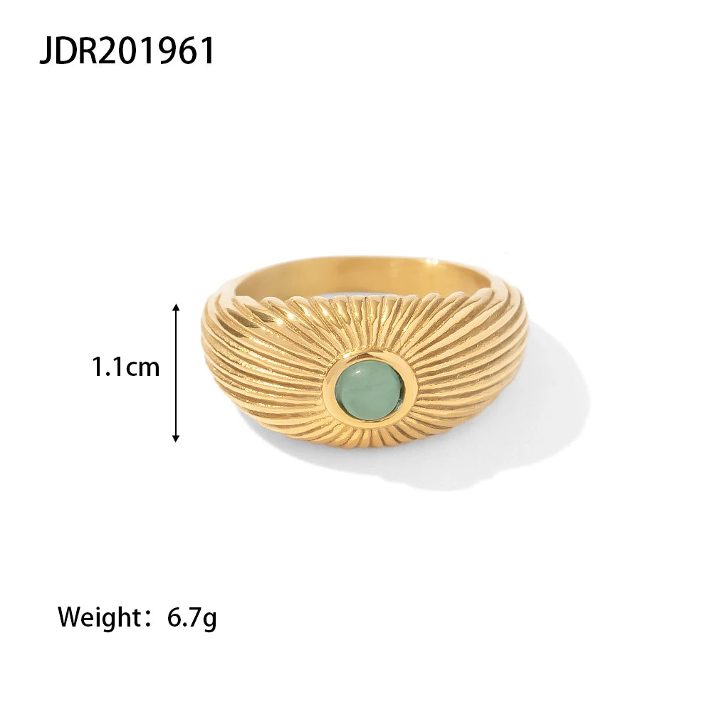 Green Stone Geometric Wrap Ring in gold with vibrant green stone centerpiece.