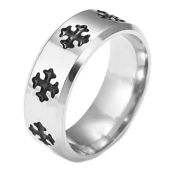 Bible Scripture Titanium Ring featuring a modern design with black cross accents for men and women.