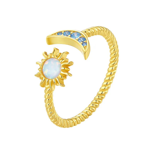 Authentic Silver Sun Moon Ring showcasing a radiant sun and crescent moon design with opal stone details.